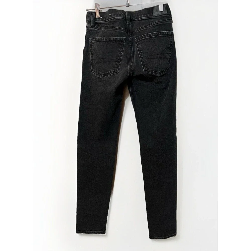 American Eagle Women's Mom Jeans Size 2 Long 90’s Skinny Light Distressing Black